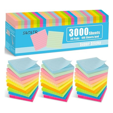 30 Pads Lined Sticky Notes, Sticky Note Pads 3x3 inches